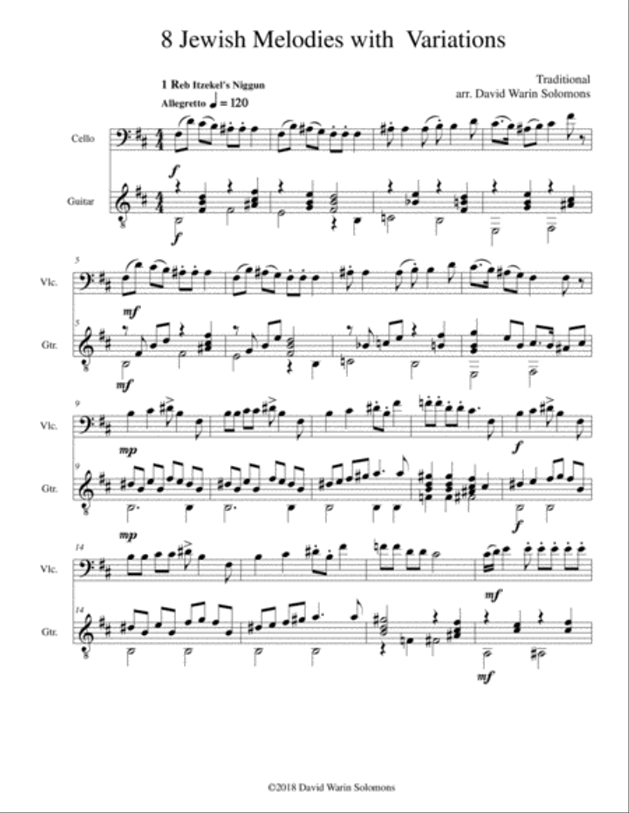 8 Jewish Melodies with Variations for cello and guitar String Duet scores gallery preview page 1