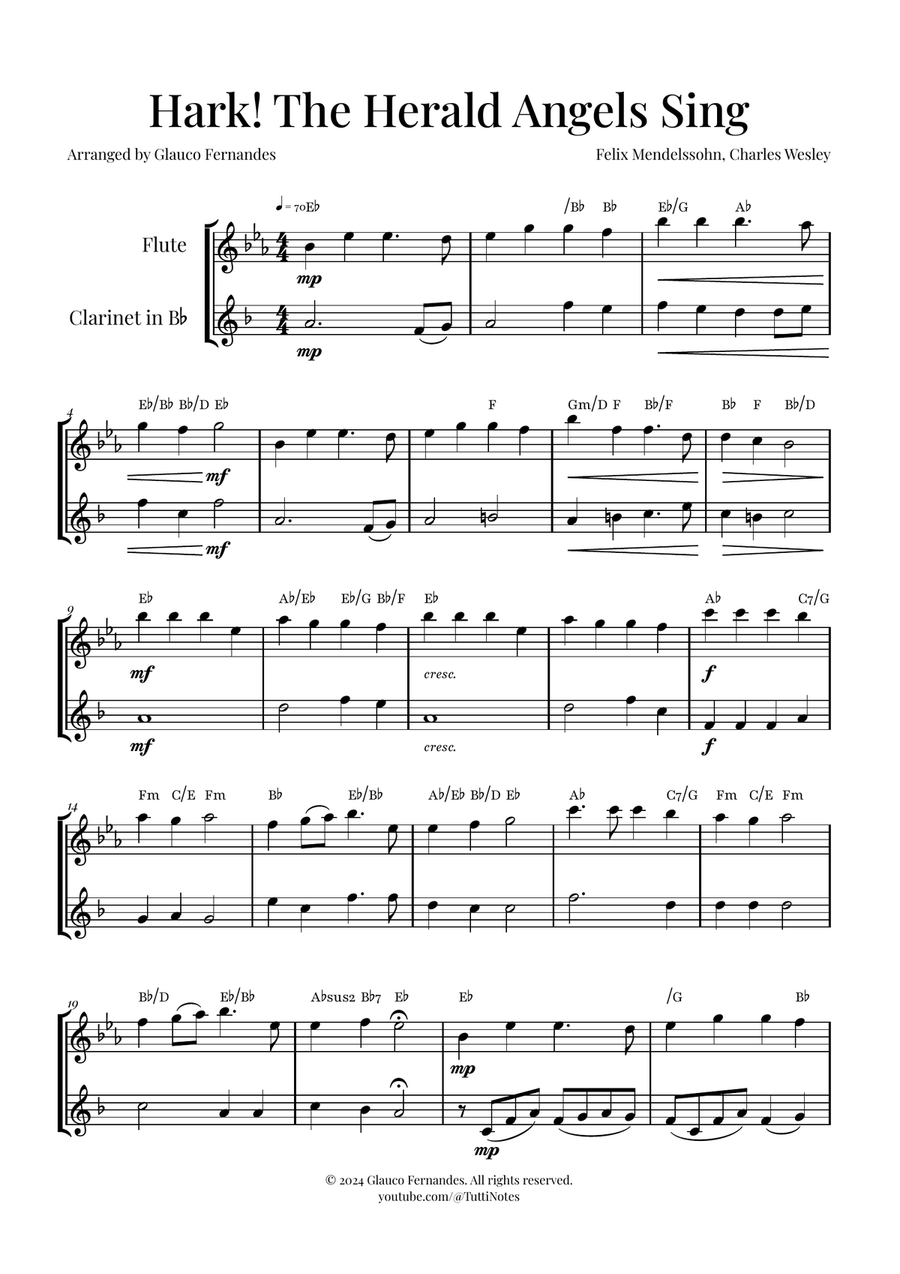 Hark! The Herald Angels Sing Duet Arrangement | Christmas Carol Sheet Music Woodwind Duet scores gallery preview page 1