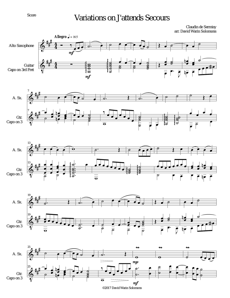Variations on J'attends secours for alto saxophone and guitar Alto Saxophone scores gallery preview page 1