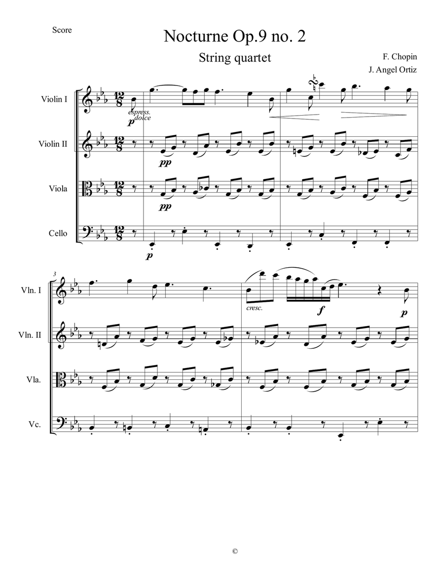 Noctune Op. 9 No. 2 for String Quartet