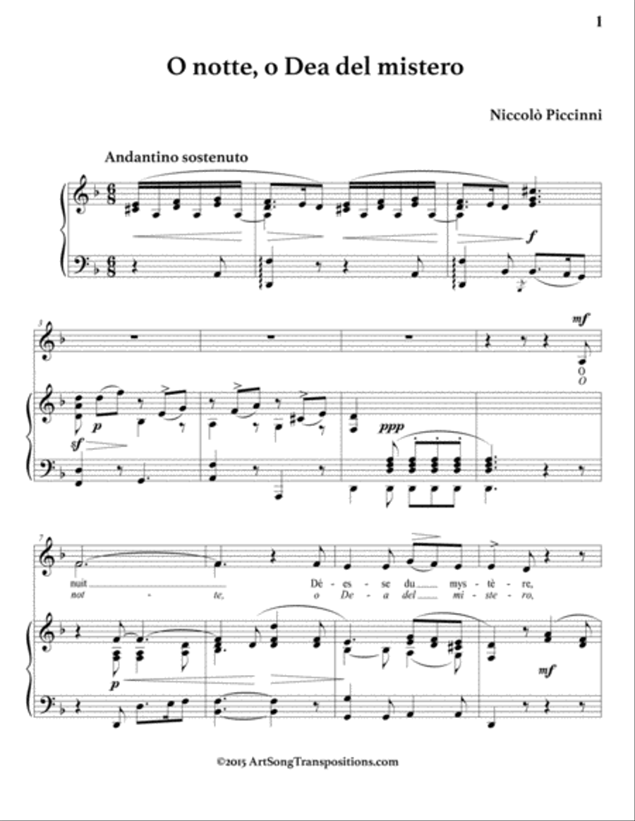 PICCINNI: O notte, O Dea del mistero (O nuit Déesse du mystère, transposed to D minor) Voice scores gallery preview page 2