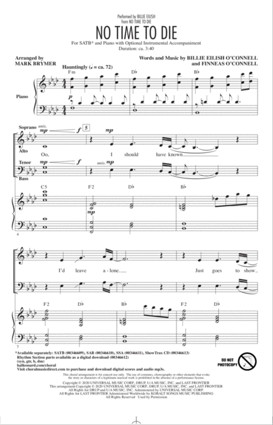 No Time To Die (arr. Mark Brymer) 4-Part scores gallery preview page 1