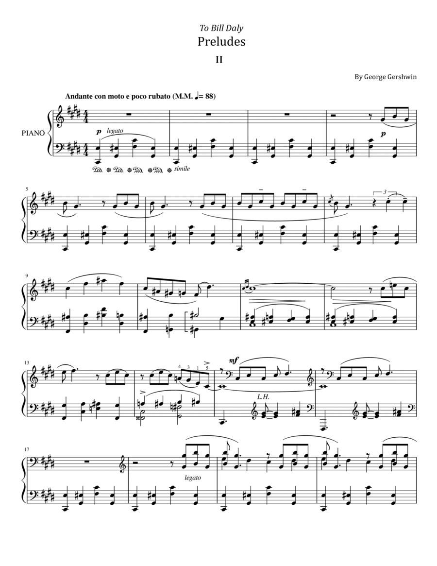 George Gershwin - 3 Preludes - No.2 Andante con moto e poco rubato - For Piano Solo Original George Gershwin - 3 Preludes - No.2 Andante con moto e poco rubato - For Piano Solo Original Piano Solo scores gallery preview page 1