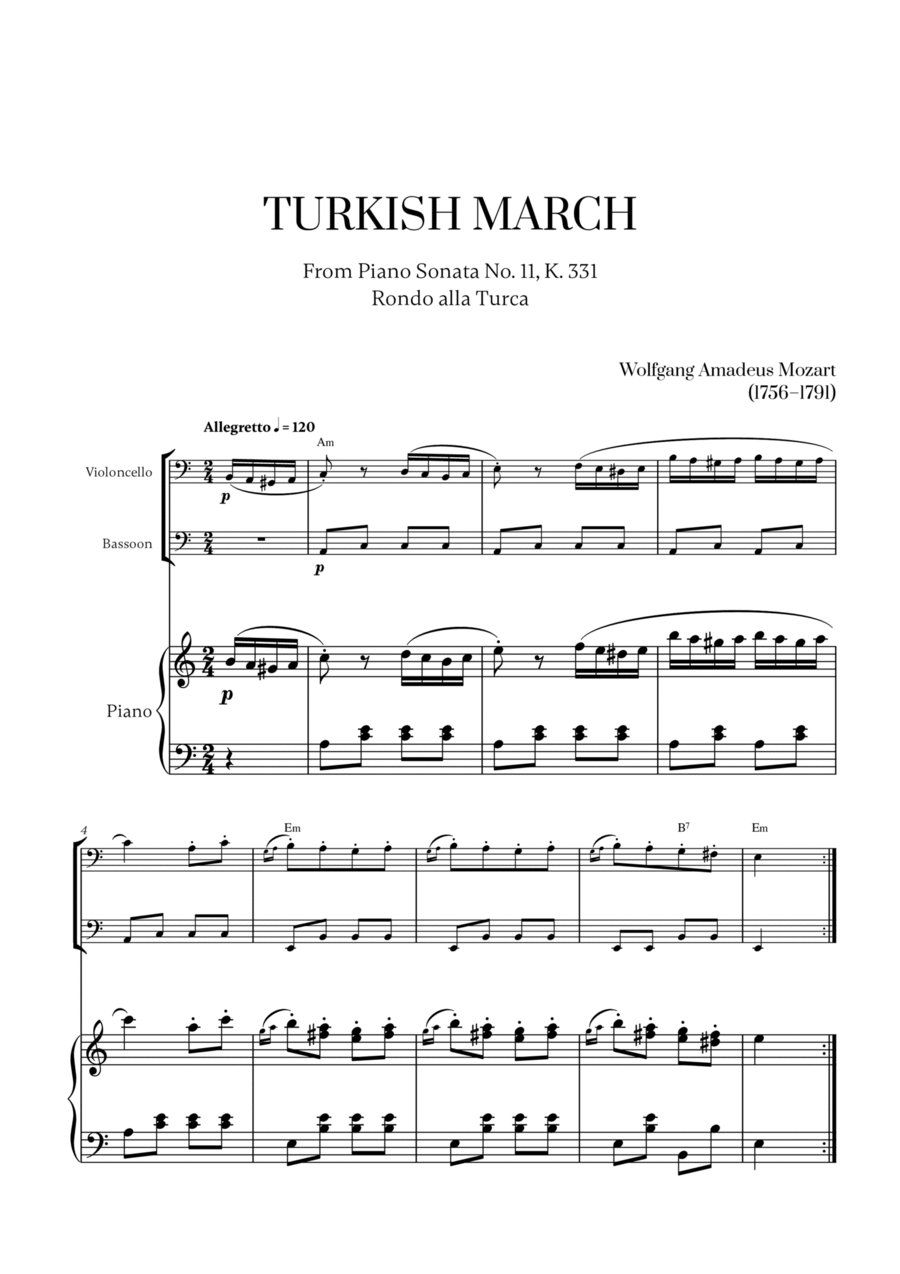 W. A. Mozart - Turkish March (Alla Turca) (for Cello and Bassoon) Bassoon scores gallery preview page 1