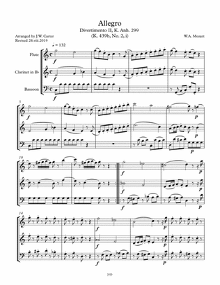 Allegro, Divertimento II, K. Anh. 299 (K. 439, No. 2, i), by W.A. Mozart, arranged for Flute, Clarin