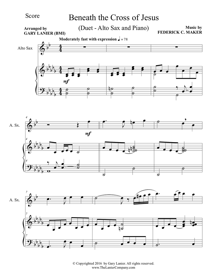 Gary Lanier: BENEATH THE CROSS OF JESUS (Duet – Alto Sax & Piano with Parts) Woodwind Duet scores gallery preview page 2