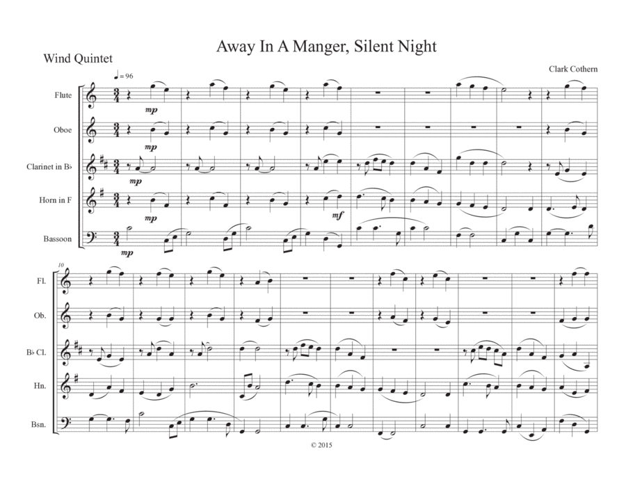 Away in a Manger, Silent Night (Woodwind Quintet) Woodwind Quintet scores gallery preview page 1