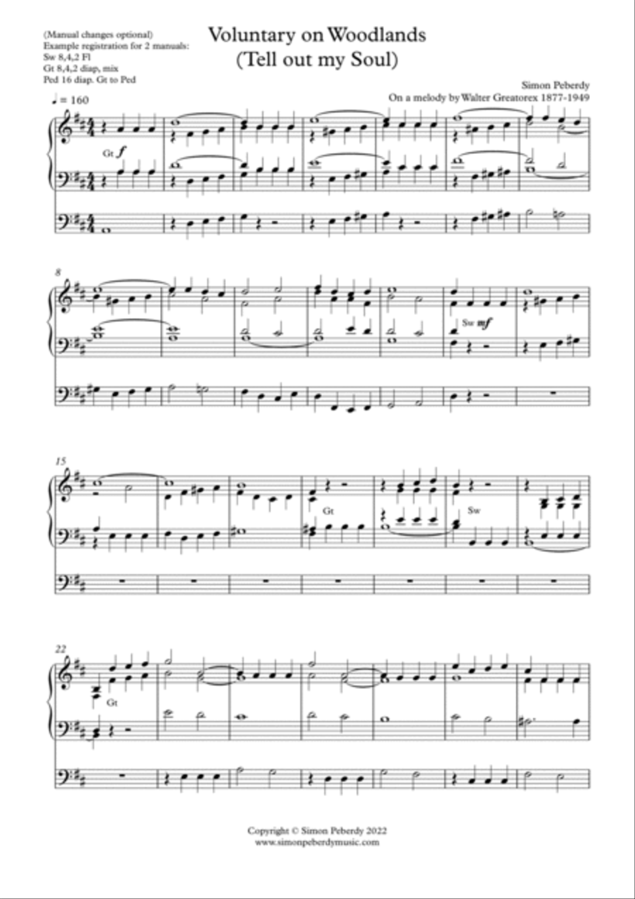 Organ Voluntary on Woodlands (Tell out my Soul) by Simon Peberdy (on a melody by W.Greatorex) Organ Solo scores gallery preview page 2