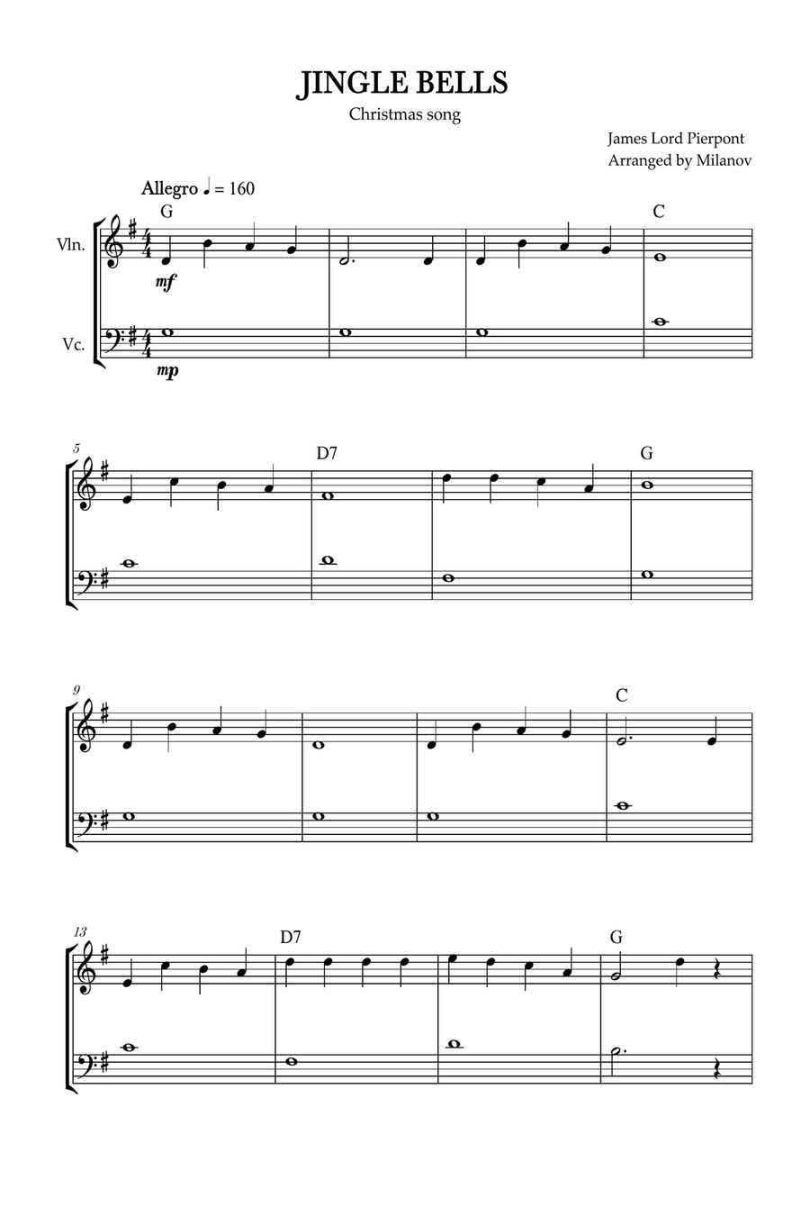 Jingle Bells | Pierpont | Christmas song | violin and cello | easy | chords | G Major String Duet scores gallery preview page 1
