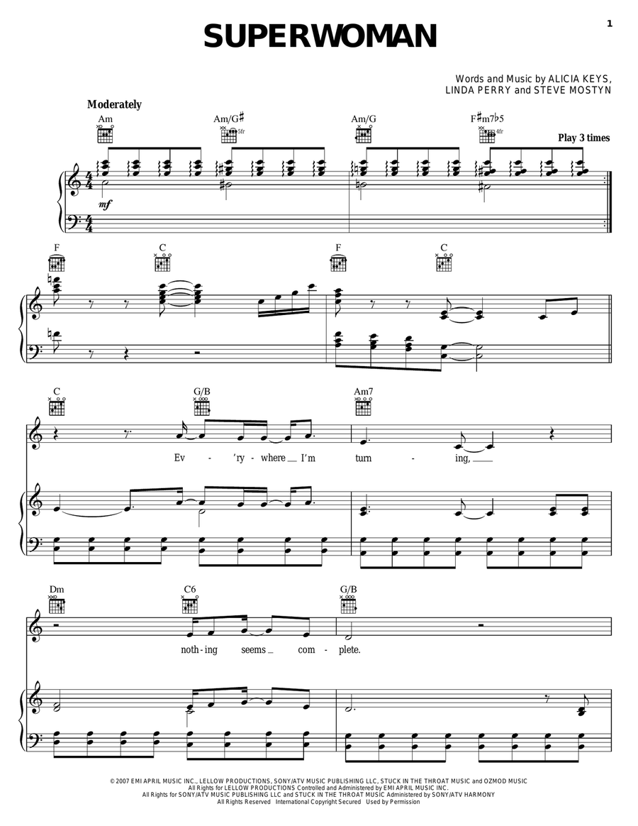 Superwoman Piano, Vocal, Guitar scores gallery preview page 1