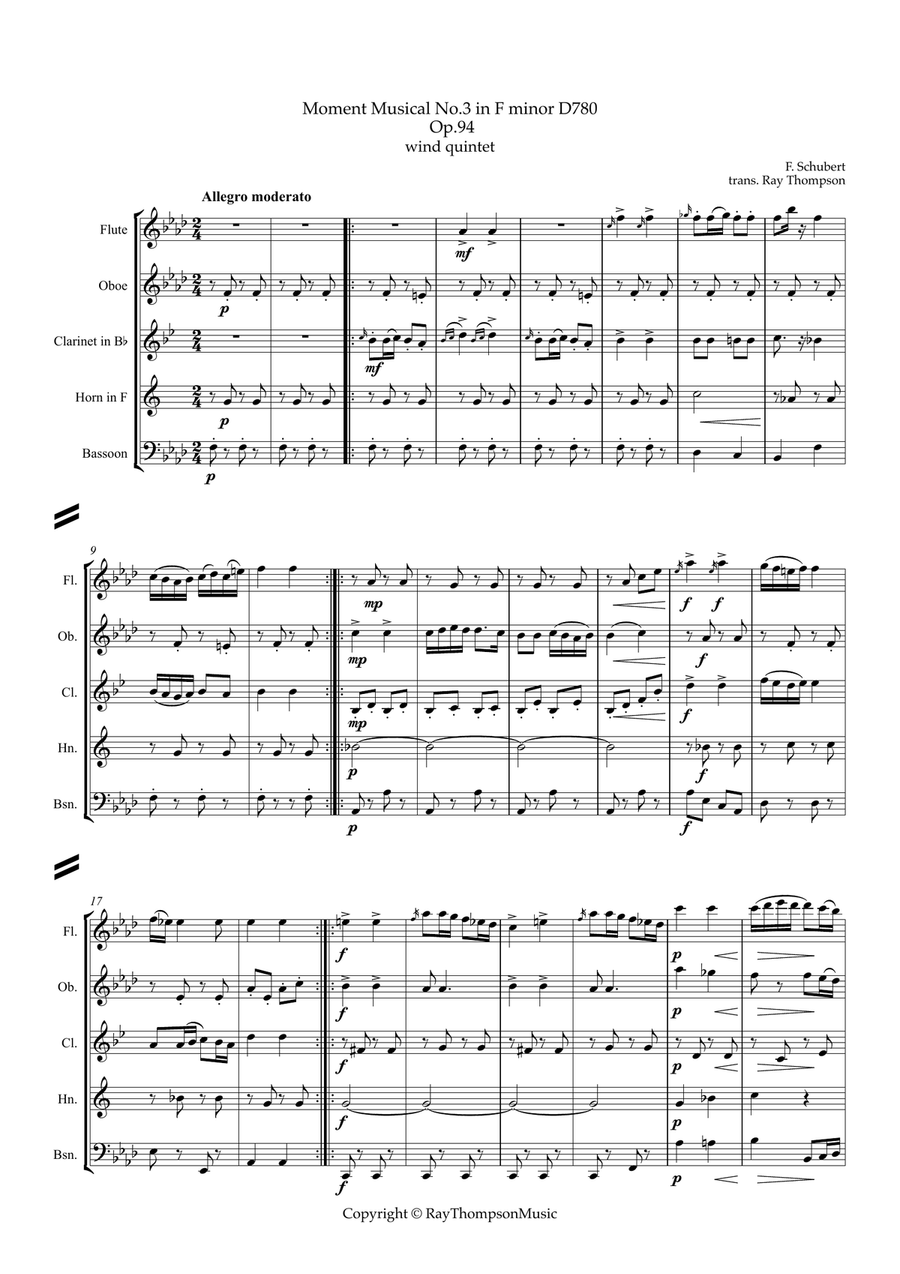 Schubert: Moment Musical Op.94 No.3 in F minor D780 - wind quintet Woodwind Quintet scores gallery preview page 1