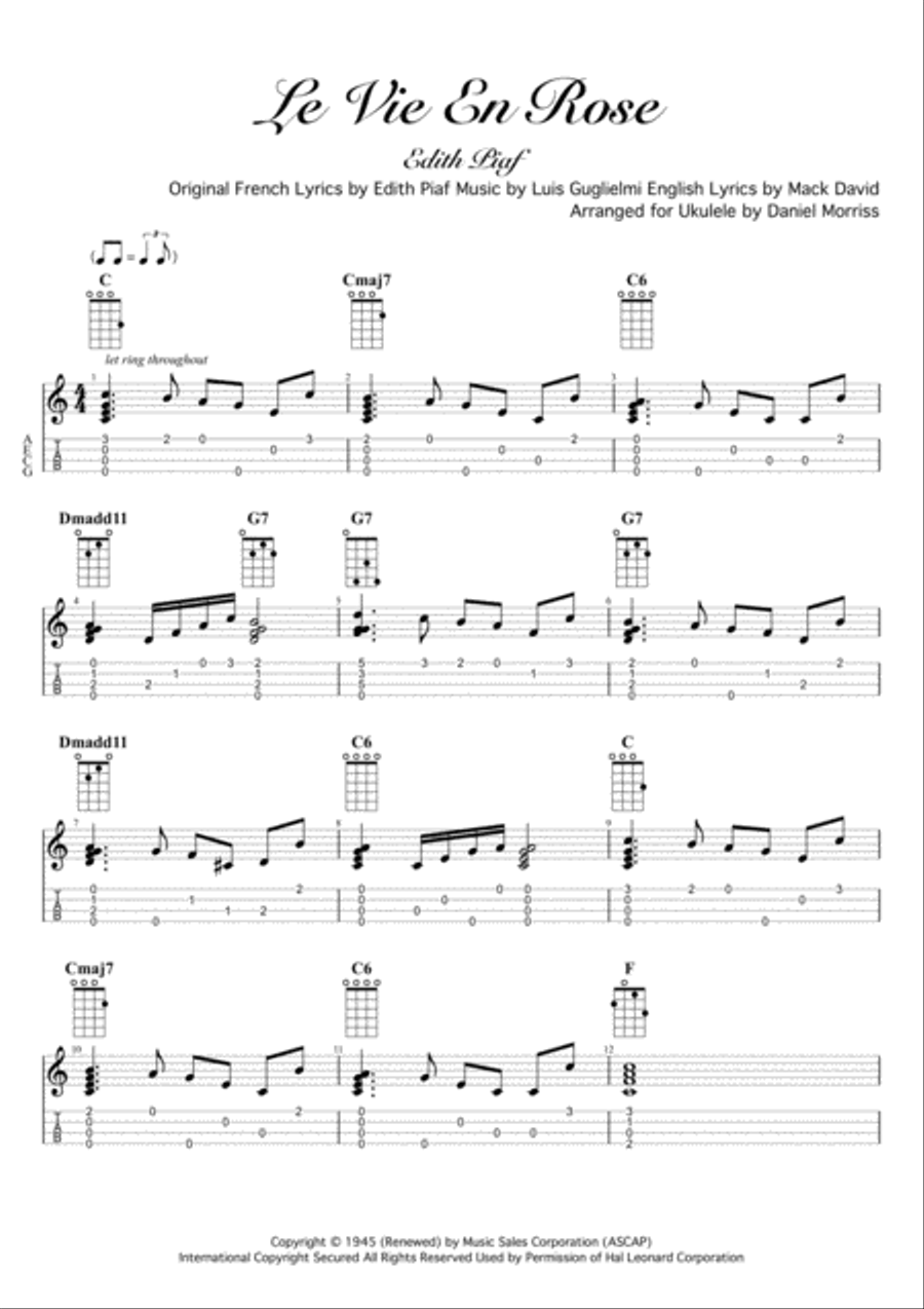Eidith Piaf La Vie En Rose Ukulele Chord Melody Sheet Music Plus