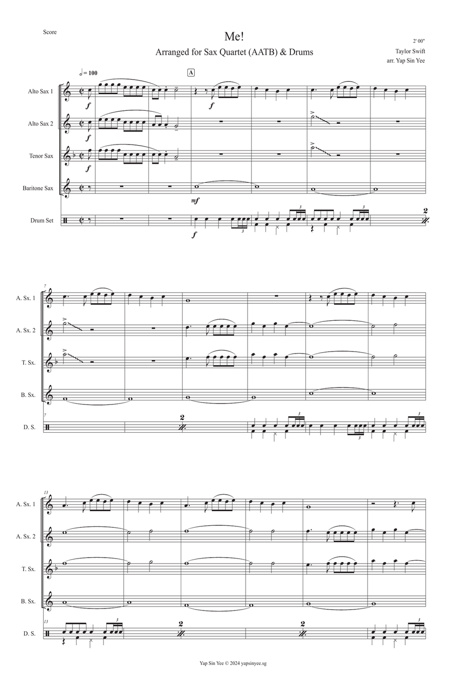 Me! Saxophone Quartet scores gallery preview page 1