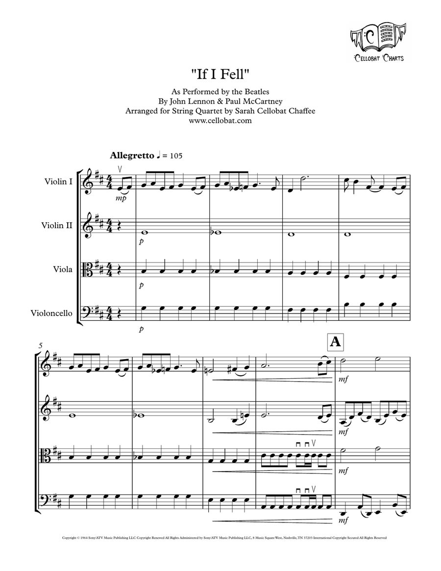 If I Fell by The Beatles String Quartet - Digital Sheet Music