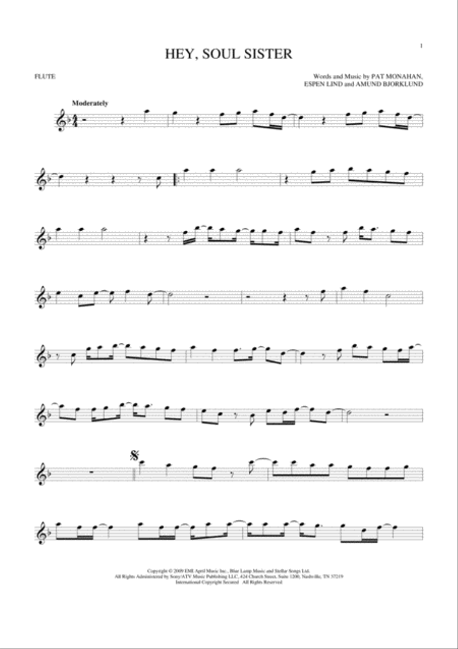 Hey, Soul Sister Hey, Soul Sister Flute Solo scores gallery preview page 1