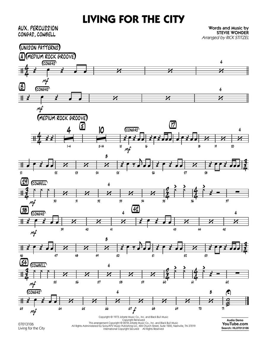 Living for the City - Aux Percussion Jazz Ensemble scores gallery preview page 1