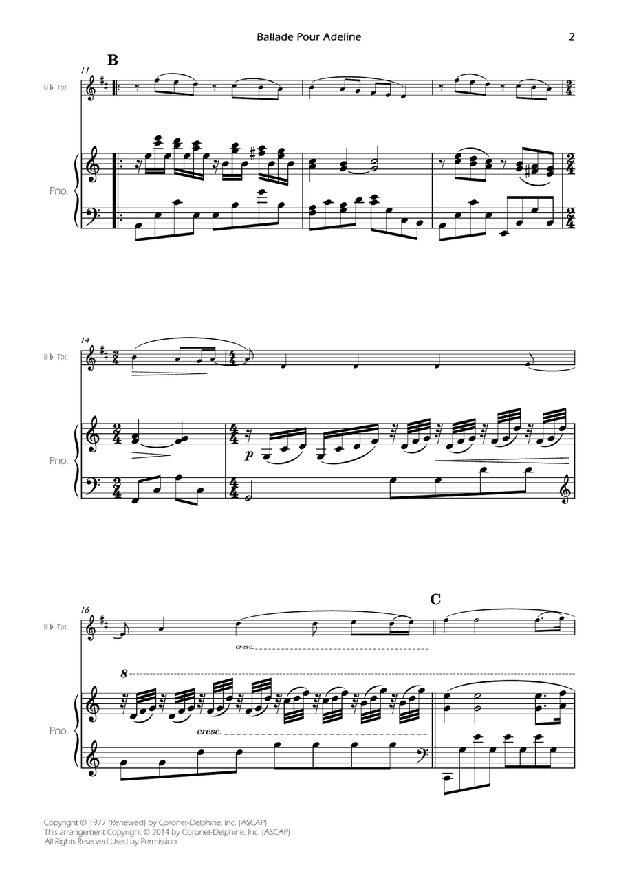 Ballade Pour Adeline B-Flat Trumpet scores gallery preview page 4