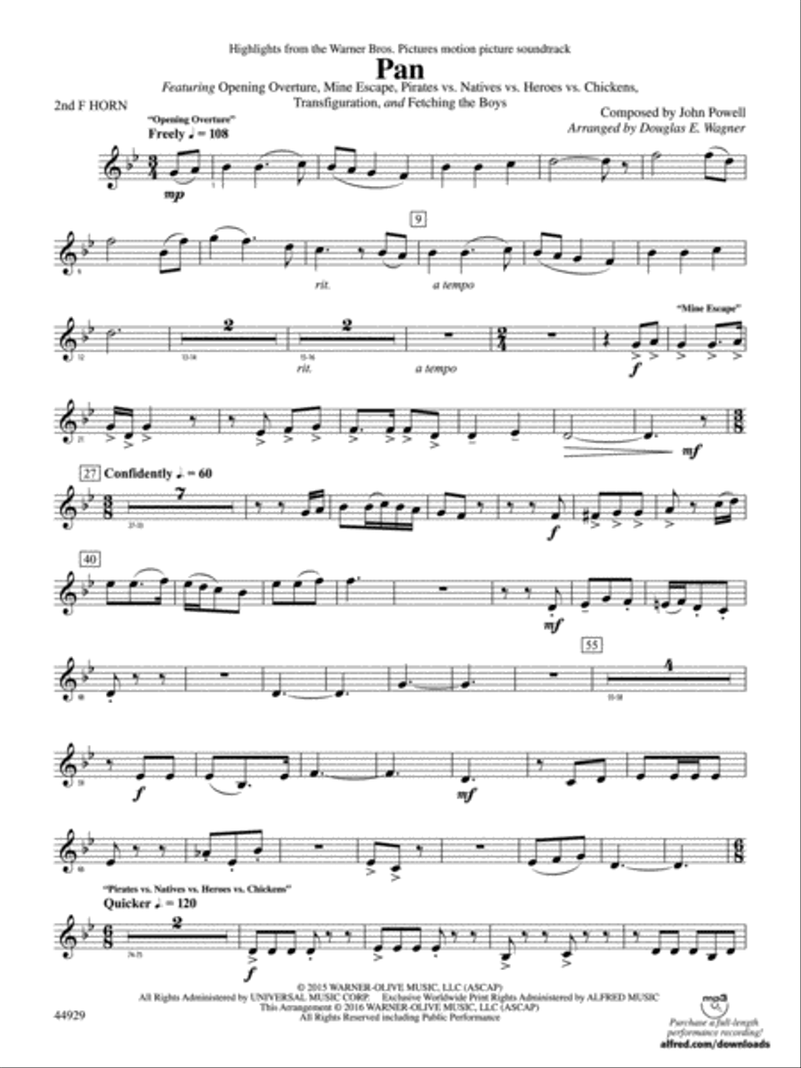 Pan: Highlights from the Warner Bros. Pictures Motion Picture Soundtrack: 2nd F Horn Concert Band scores gallery preview page 1