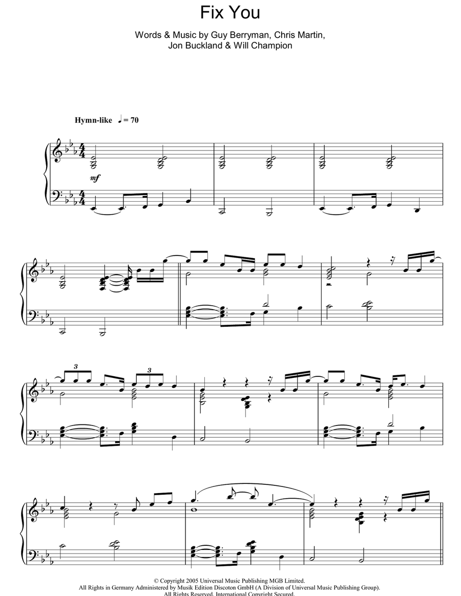 Fix You Piano Solo scores gallery preview page 1