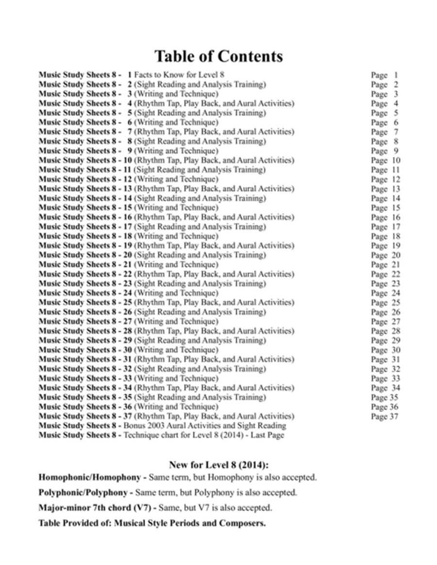 Music Study Sheets Level 8 2014 and 2003 Revision edition
