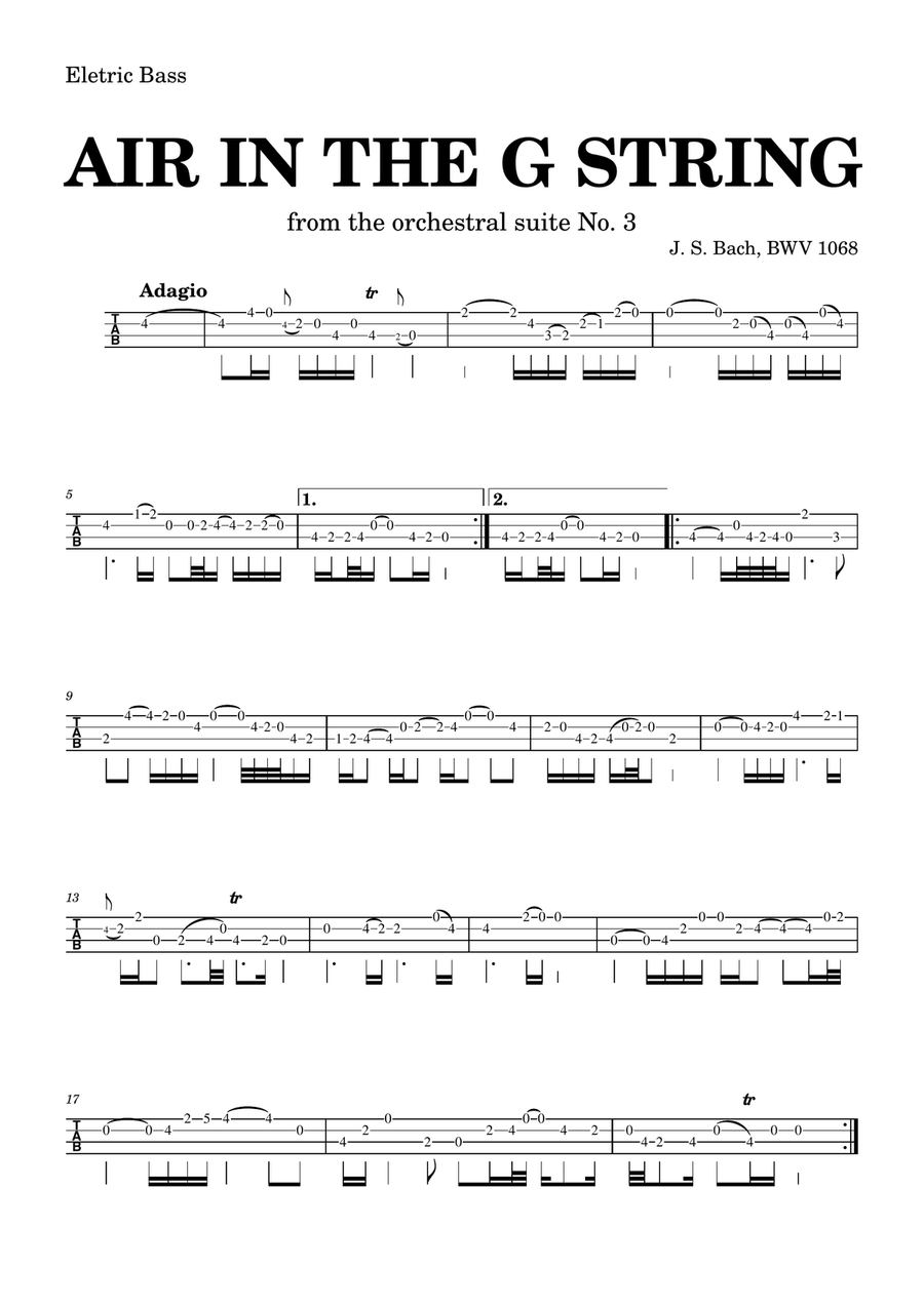 Air on the G string in D, BWV 1068 (accompanied) - ELETRIC BASS tab Piano, Vocal scores gallery preview page 1