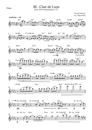 Book cover for Clair de Lune (C. Debussy) for Flute Solo with Chords (Db Major)