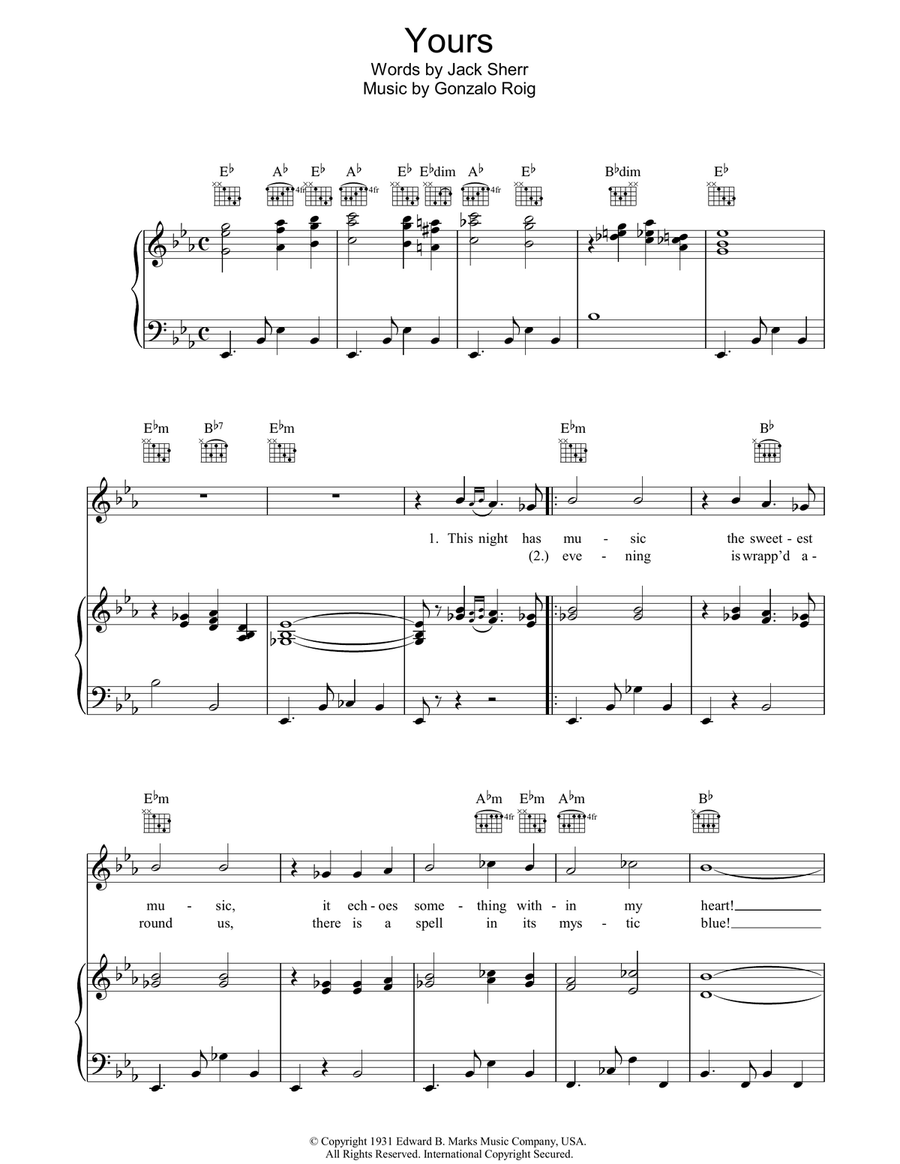 Yours (Cuando Se Quiere De Veras) Piano, Vocal, Guitar scores gallery preview page 1