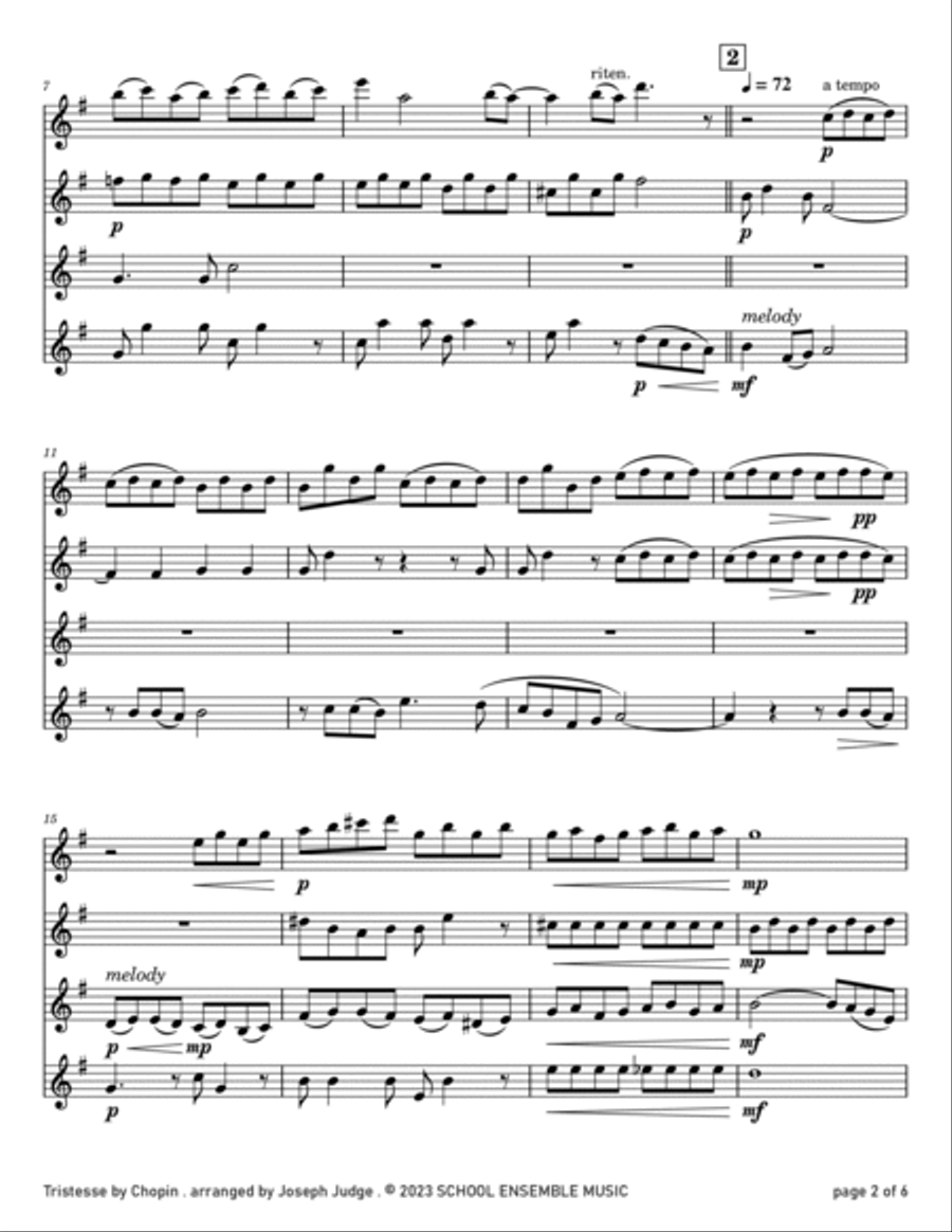 Tristesse by Chopin for Clarinet Quartet in Schools Clarinet Quartet scores gallery preview page 2