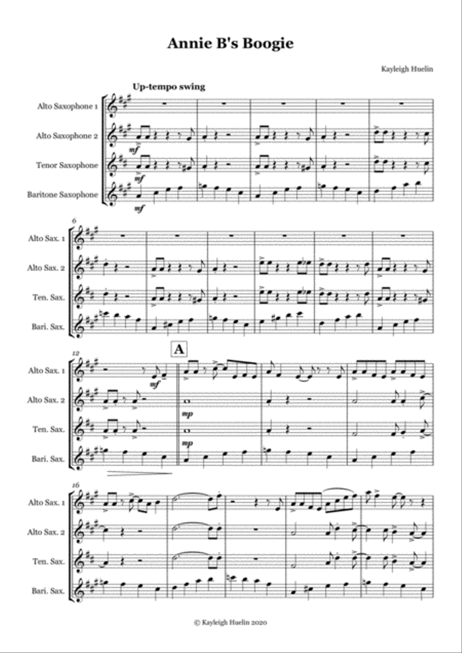 Annie B's Boogie - Saxophone quartet (AATB) Saxophone Quartet scores gallery preview page 1