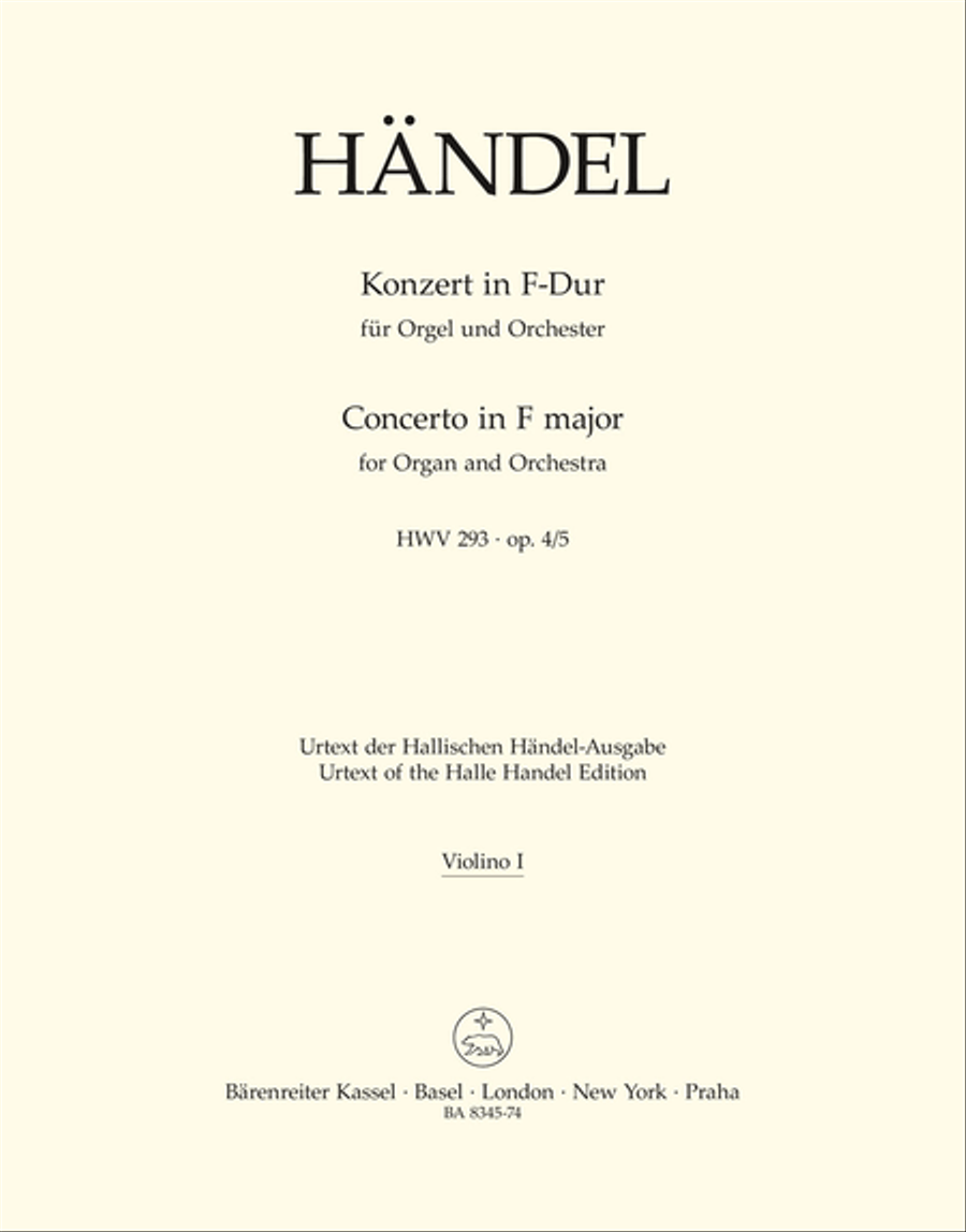 Concerto for Organ and Orchestra F major, Op. 4/5 HWV 293 Violin scores gallery preview page 1