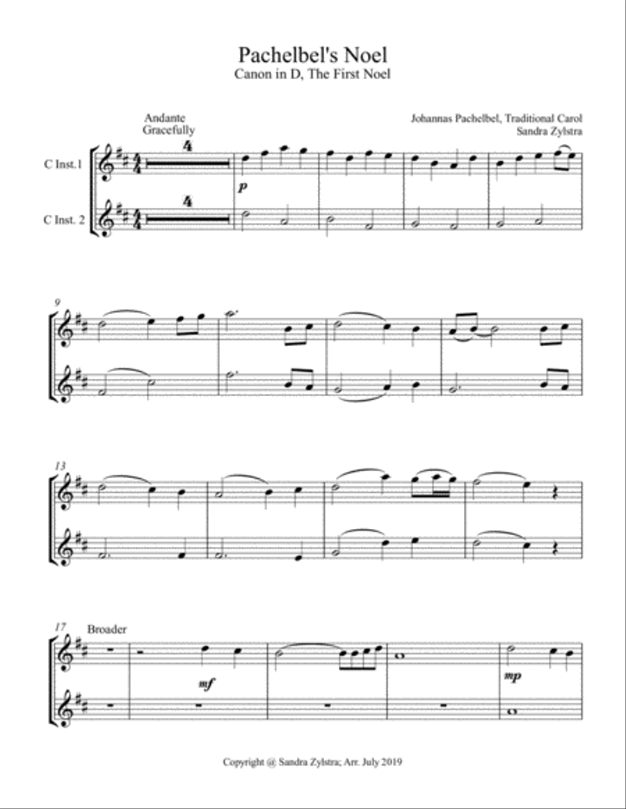 Pachelbel's Noel (treble C instrument duet, parts only) Piano scores gallery preview page 1