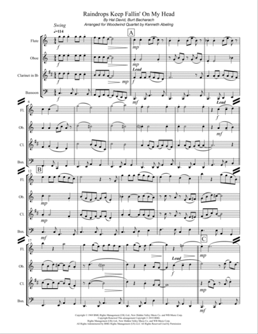 Raindrops Keep Fallin' On My Head Woodwind Quartet scores gallery preview page 2
