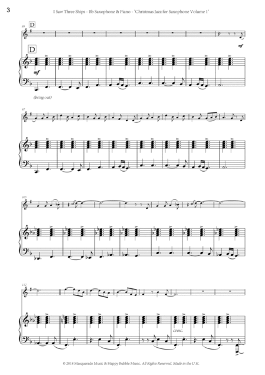 I Saw Three Ships; An arrangement that simply oozes Christmas for Bb saxophone and piano Tenor Saxophone scores gallery preview page 4