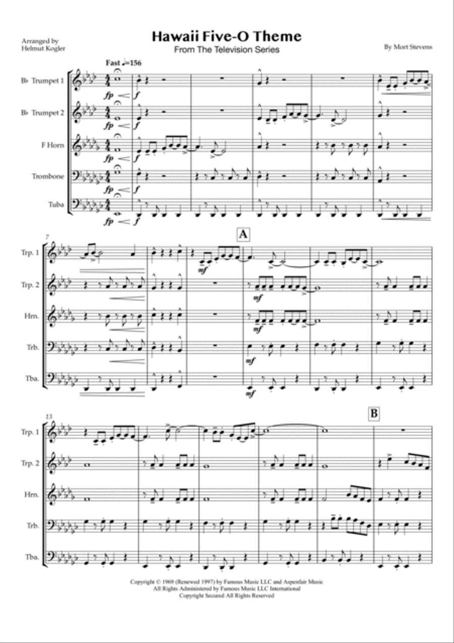 Hawaii Five-o Theme Brass Quintet scores gallery preview page 5