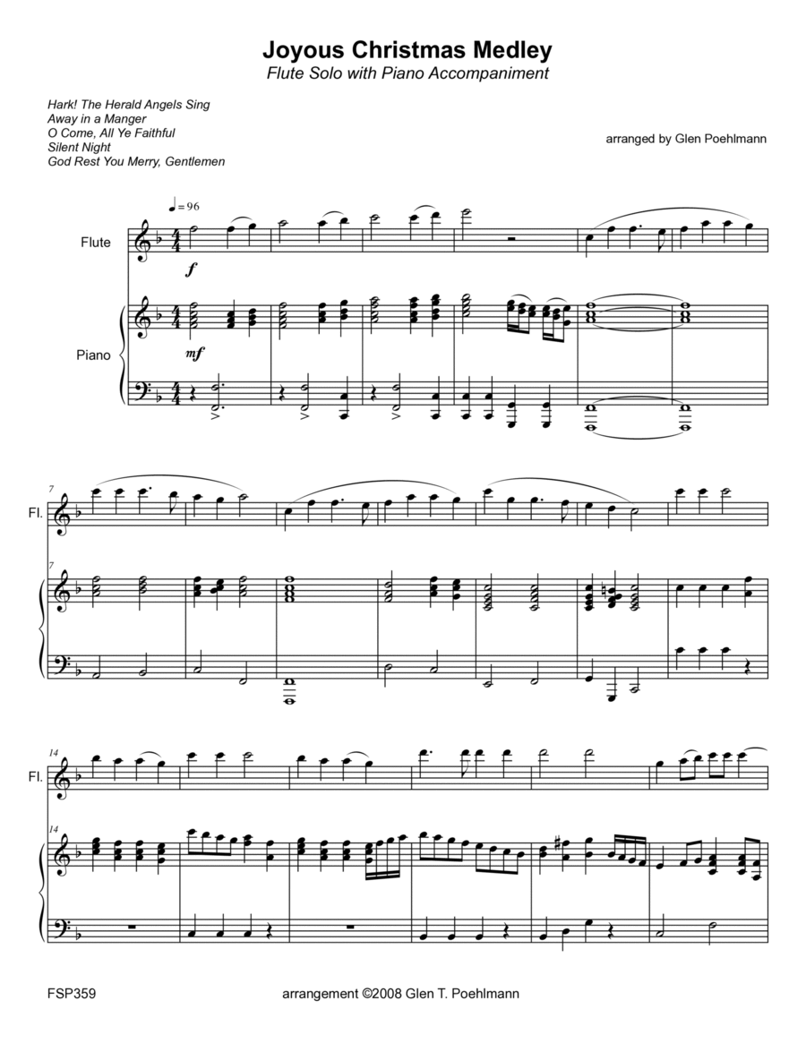 JOYOUS CHRISTMAS MEDLEY - FLUTE SOLO with Piano Accompaniment (5 Carol Medley) Flute Solo scores gallery preview page 1