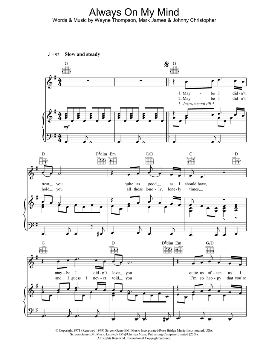 Always On My Mind Always On My Mind Piano, Vocal, Guitar scores gallery preview page 1