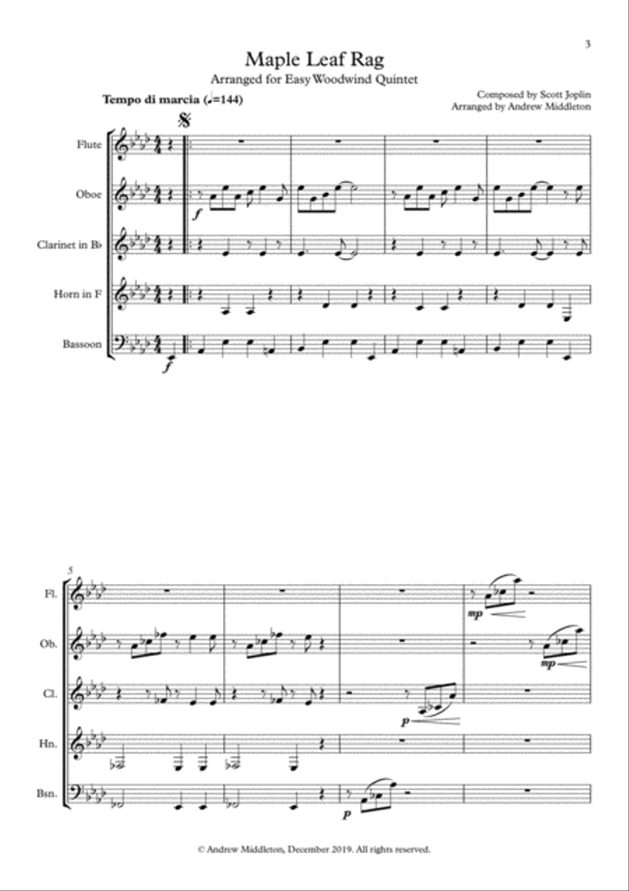 Maple Leaf Rag arranged for Easy Wind Quintet Woodwind Quintet scores gallery preview page 3