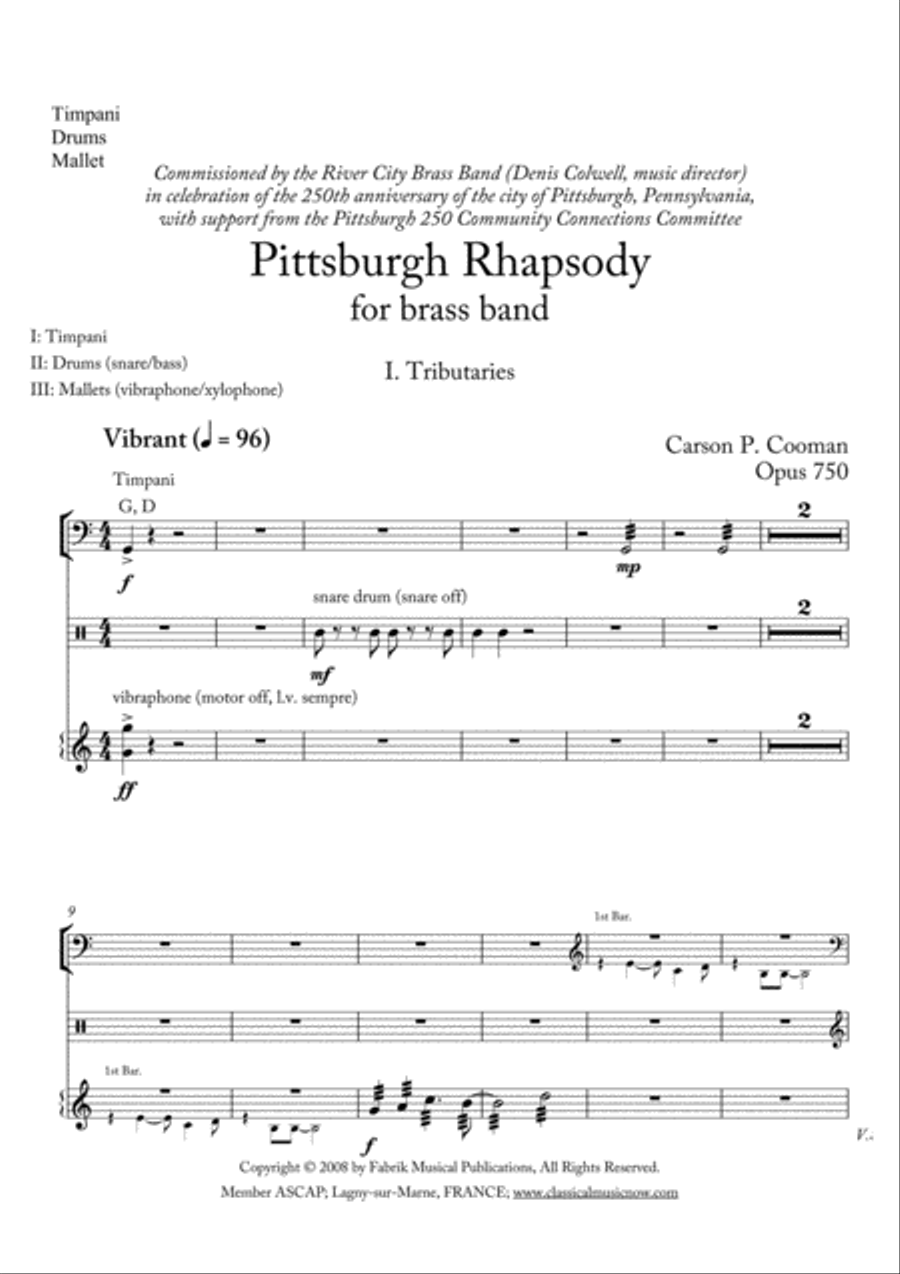 Carson Cooman: Pittsburgh Rhapsody (2008) for brass band, timpani-drums-mallets part Brass Band scores gallery preview page 1