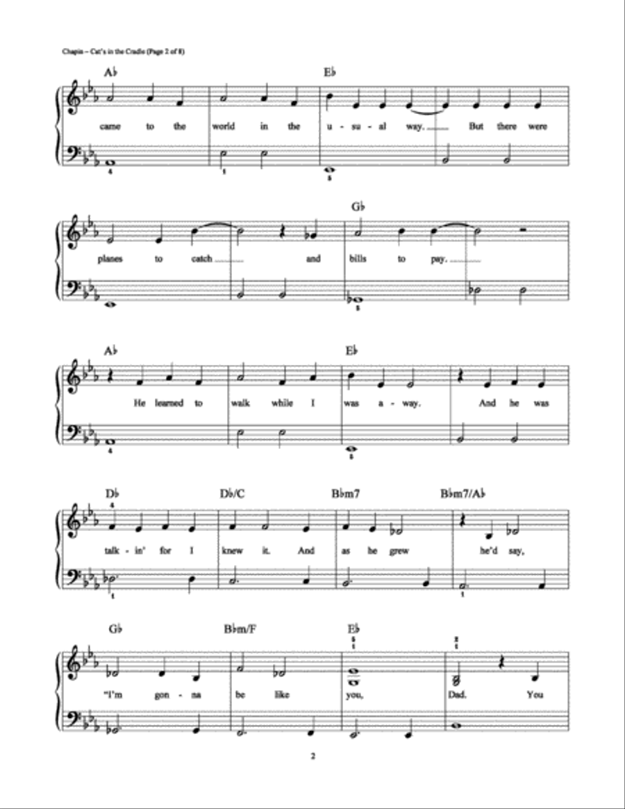 Cat's in the Cradle Easy Piano scores gallery preview page 2