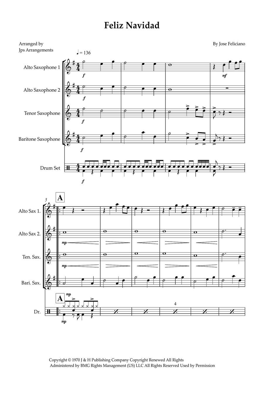 Feliz Navidad Feliz Navidad Saxophone Quartet scores gallery preview page 1