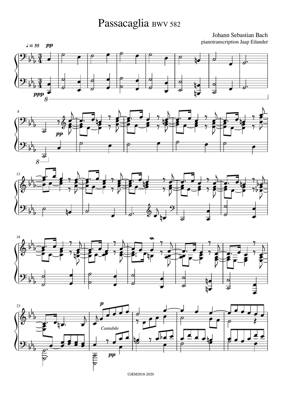 J.S. Bach, Passacaglia BWV 582, arrangment / transcription for piano by Jaap Eilander Piano Solo scores gallery preview page 1