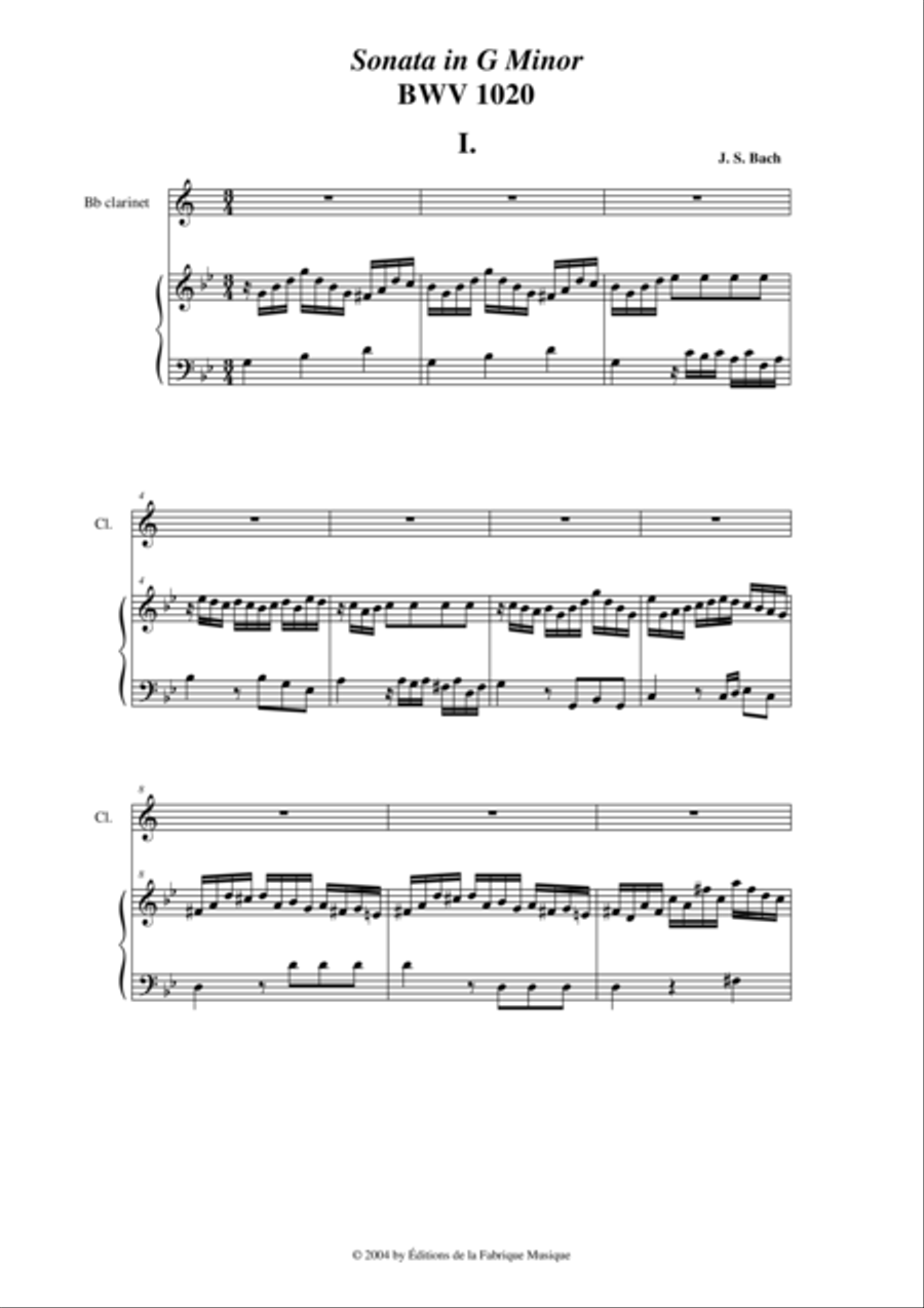 J. S. Bach: Sonata in g minor, BWV 1020 arranged for Bb clarinet and piano (or harp)