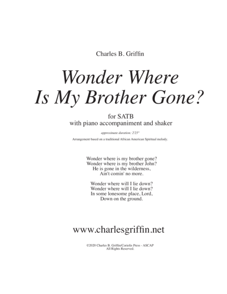 Wonder Where is my Brother Gone? - (Spiritual) SATB & Piano (and shaker) image number null