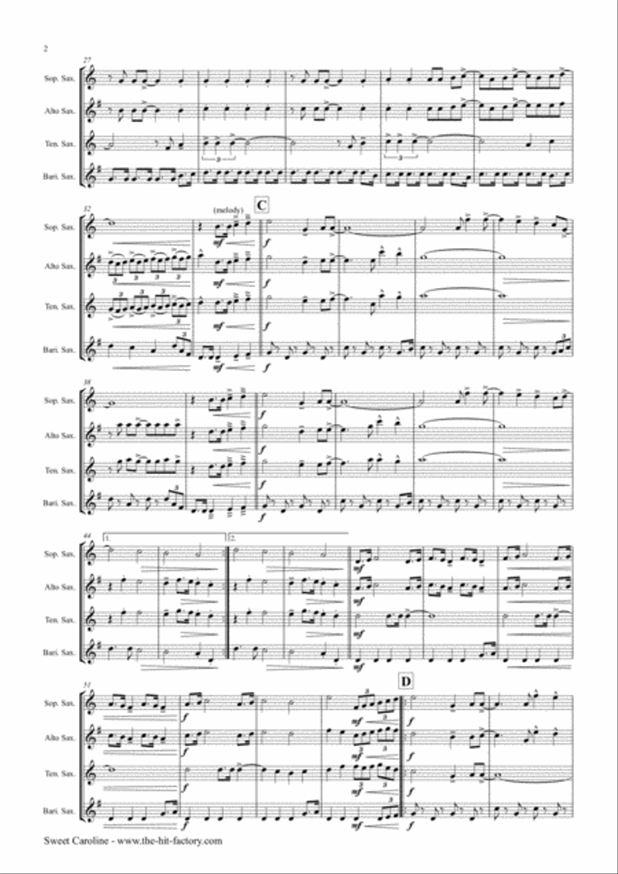 Sweet Caroline Saxophone Quartet scores gallery preview page 2