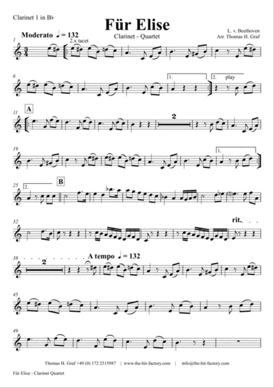For Elise - Ludwig van Beethoven - Clarinet Quartet Clarinet Quartet scores gallery preview page 4