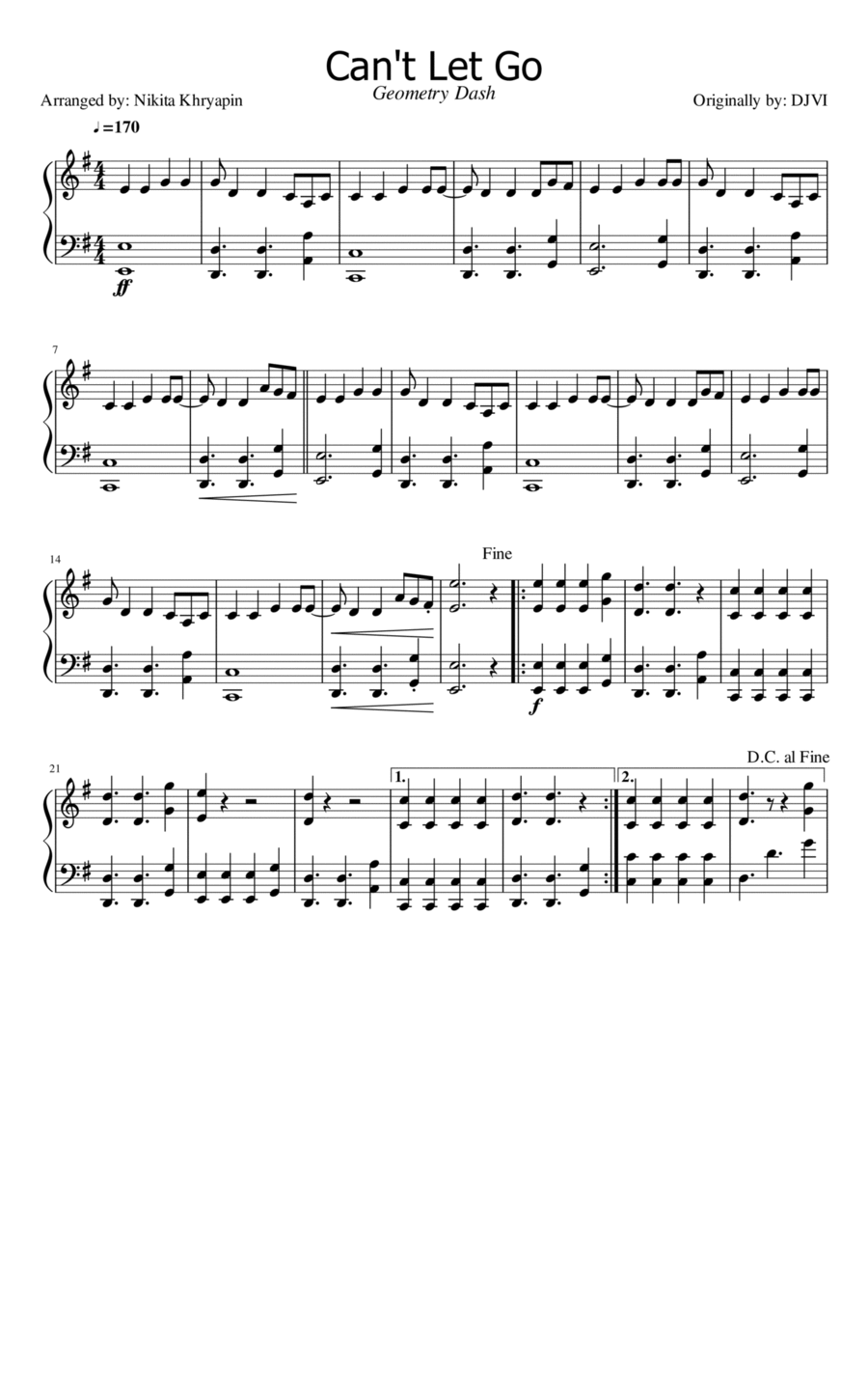 Can't Let Go Geometry Dash Soundtrack - Piano Arrangement Piano Solo scores gallery preview page 1
