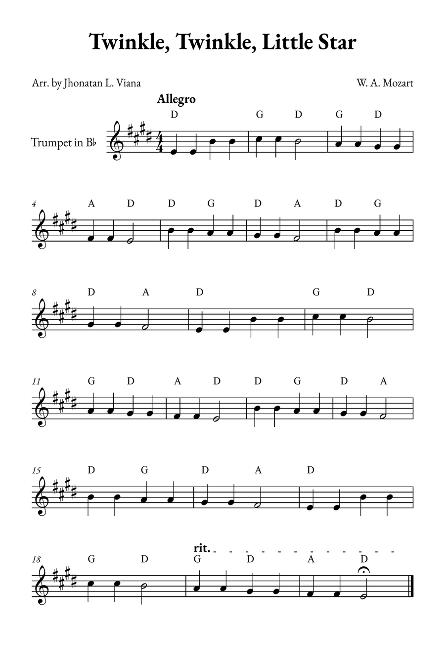 Twinkle, Twinkle, Little Star B-Flat Trumpet scores gallery preview page 1