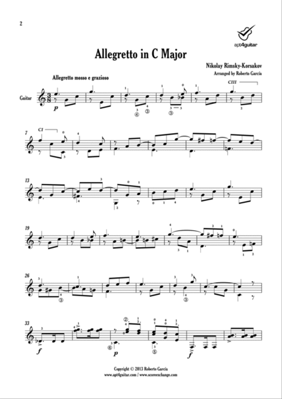 Allegretto in C Major Classical Guitar scores gallery preview page 2