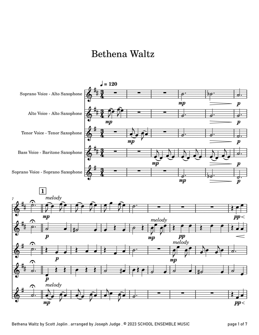 Bethena Waltz by Joplin for Saxophone Quartet in Schools Saxophone Quartet scores gallery preview page 1
