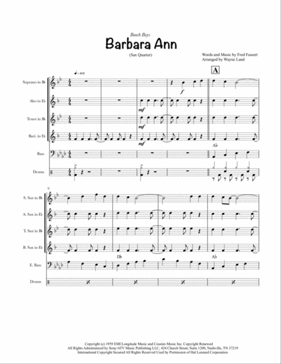 Barbara Ann Saxophone Quartet scores gallery preview page 1